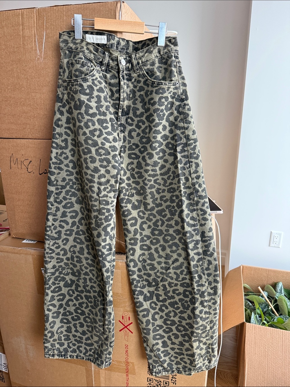 Zara Olive and Black Leopard Print Wide-Leg Jeans
